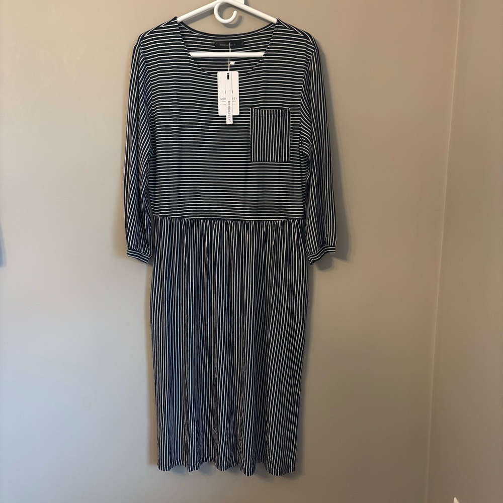 MEROKEETY XL Black White Striped Midi Dress NWT Pocket